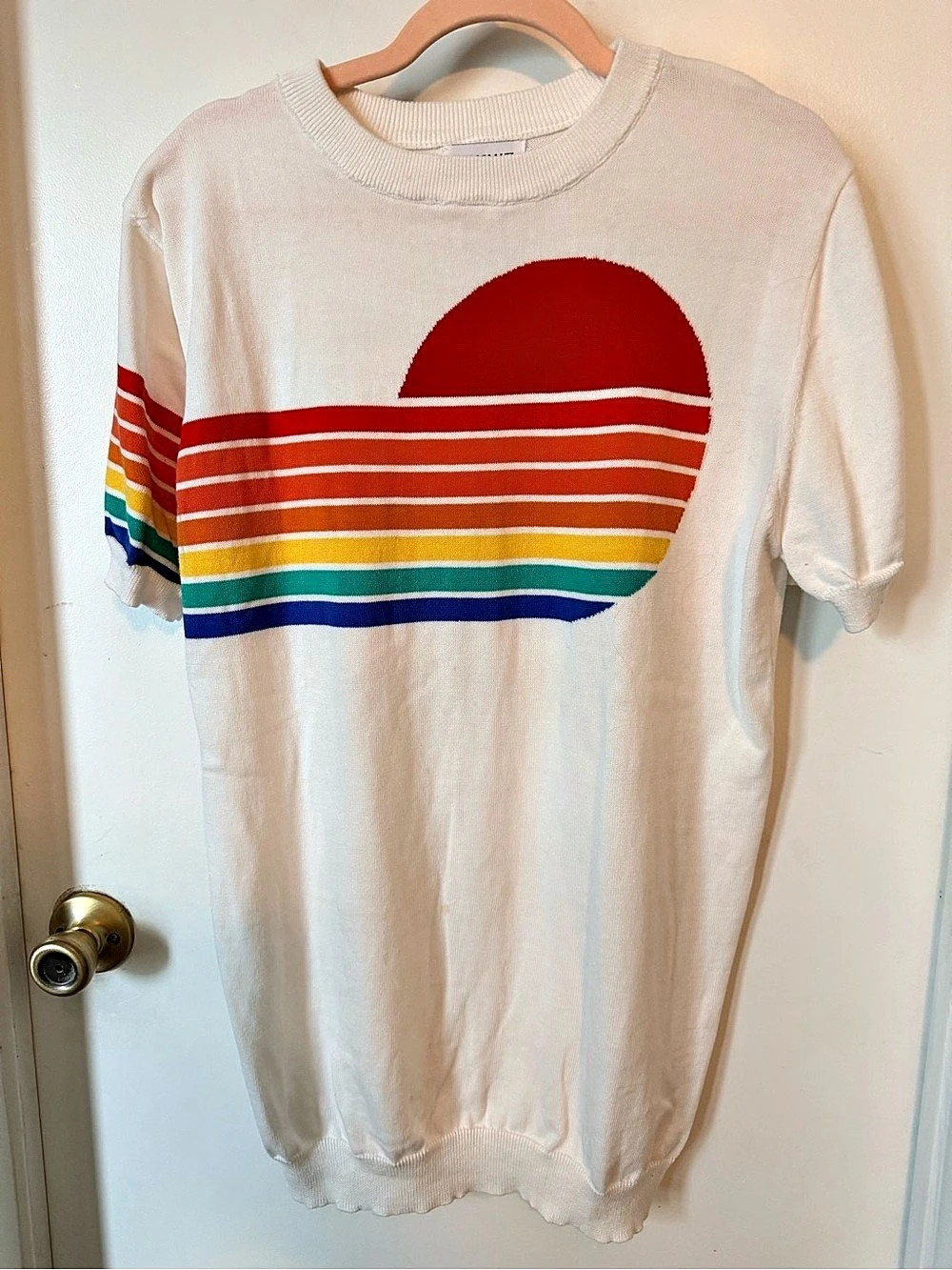 OXKNIT Retro Rainbow Sunset Knit Top 2XL Short Sleeve 70s Style